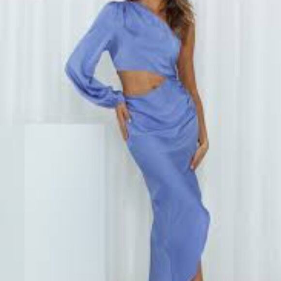 HELLO MOLLY CLASSY GIRL MIDI DRESS BLUE ONE SHOULDER CUT OUT SIZE SMALL NEW - Picture 9 of 9